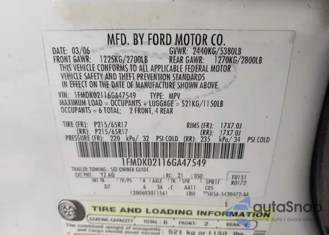 2006 Ford Freestyle Sel из США, поврежденный, VIN 1FMDK02116GA47549